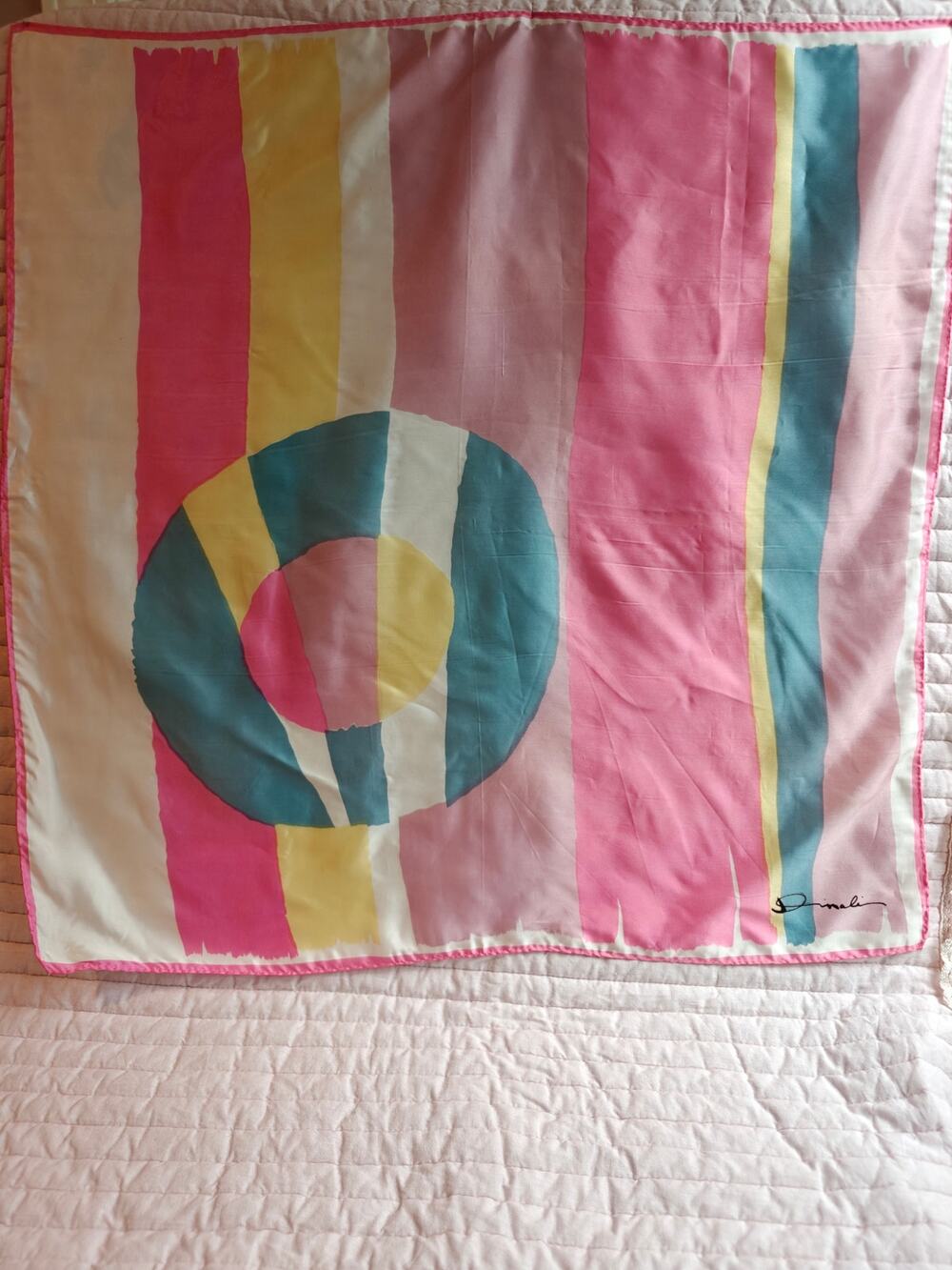 Vintage Dinali MCM Scarf Mod Geometric Color Block Peach Pink Acetate Japan